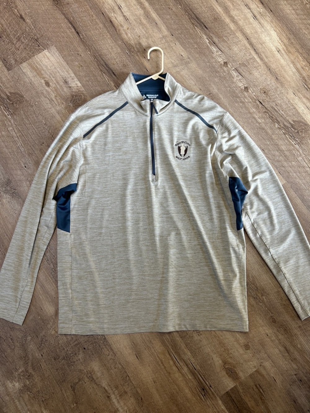 Men's Quarter-Zip Performance pullover in tan  with blue Accents